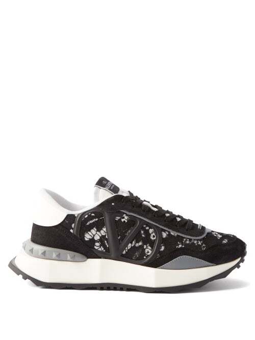 Valentino Garavani - Lacerunner Lace And Leather Trainers - Womens - Grey Multi