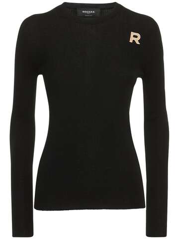ROCHAS Logo Embroidered Rib Knit Wool Top in black