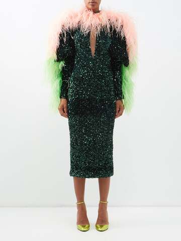 germanier - feather-trim cutout sequinned midi dress - womens - dark green