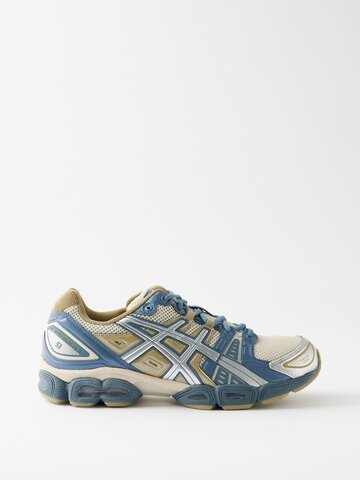 asics - gel-nimbus 9 mesh and faux-leather trainers - mens - beige blue