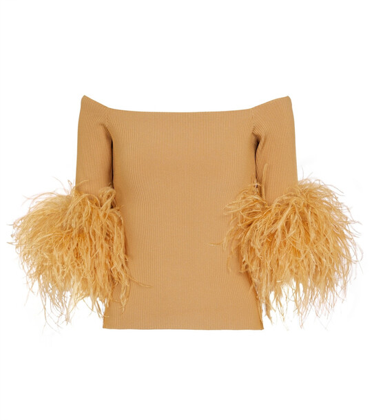 Saint Laurent Ribbed-knit feather-trimmed top in beige