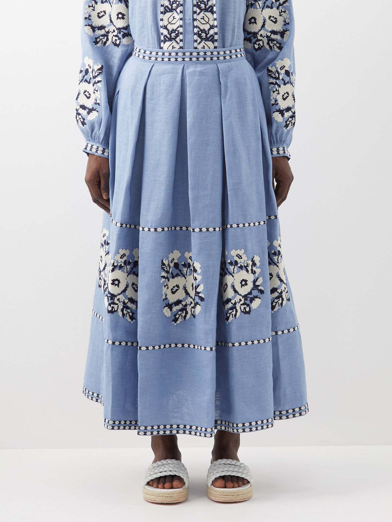 Vita Kin - Kristinka Floral-embroidered Linen Midi Skirt - Womens - Blue Multi
