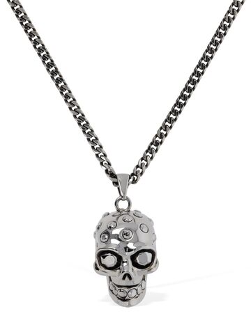 alexander mcqueen jeweled skull brass necklace in silver