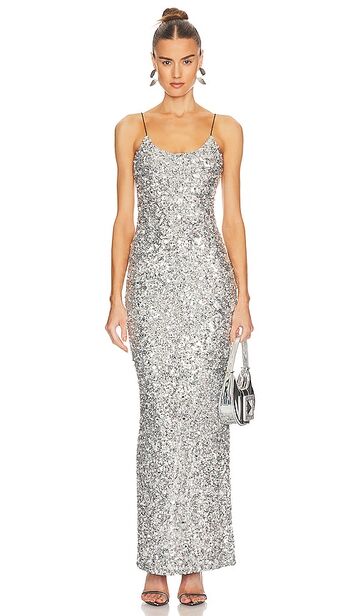 alice + olivia alice + olivia nelle embellished fitted maxi dress in metallic silver in black