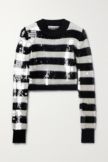 monse - cropped paillette-embellished striped wool sweater - black