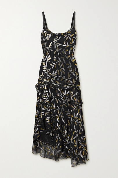 DUNDAS - Asymmetric Ruffled Metallic Fil Coupé Silk-blend Chiffon Dress - Black