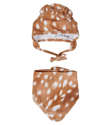 Molo Baby fawn-print stretch-cotton hat and bib set in brown