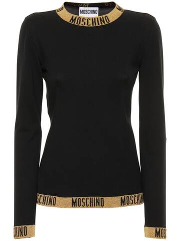 MOSCHINO Merino Wool Knit Sweater W/ Logo Trim in black / gold