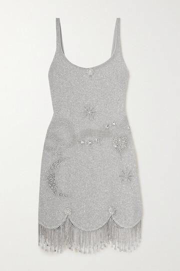 clio peppiatt - charm fringed embellished stretch-mesh mini dress - silver