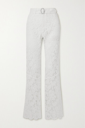 alessandra rich - belted crystal-embellished cotton-blend lace flared pants - white
