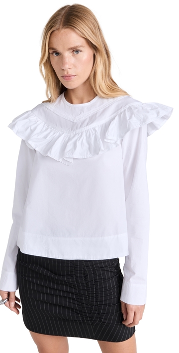 ganni cotton poplin frill blouse bright white 32