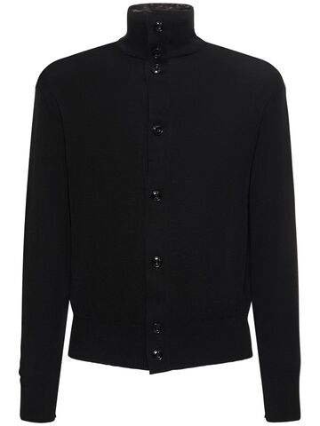 lemaire high collar wool cardigan in black
