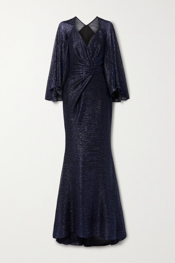 talbot runhof - wrap-effect metallic voile gown - blue