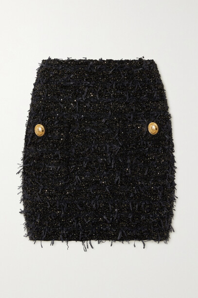Balmain - Button-embellished Metallic Bouclé-tweed Mini Skirt - Black