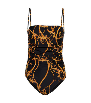 ganni printed ruched swimsuit in black