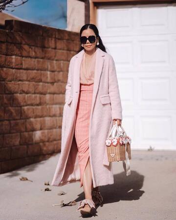skirt,plaid skirt,midi skirt,pink skirt,high waisted skirt,mules,long coat,pink coat,pink blouse,handbag
