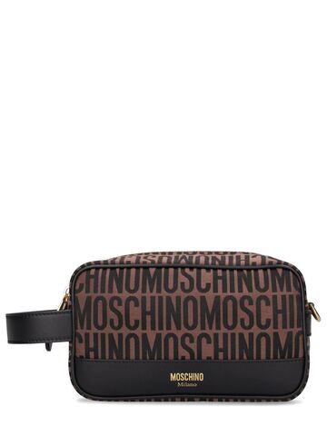 moschino logo jacquard toiletry bag in brown