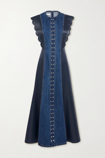 Chloé Chloé - Embellished Organic Denim And Scalloped Leather Maxi Dress - Blue