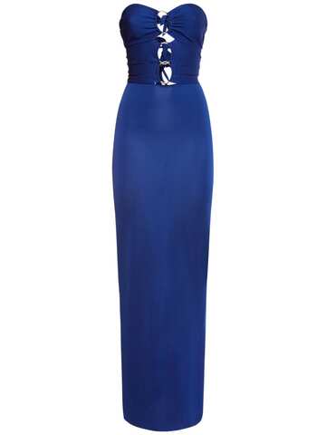 tom ford keyhole strapless jersey long dress in blue