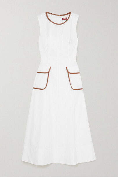 STAUD - Bait Vegan Leather-trimmed Cotton-blend Poplin Midi Dress - White