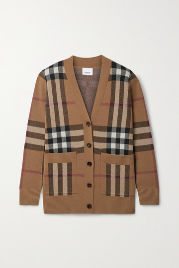 burberry - checked wool and cashmere-blend cardigan - brown