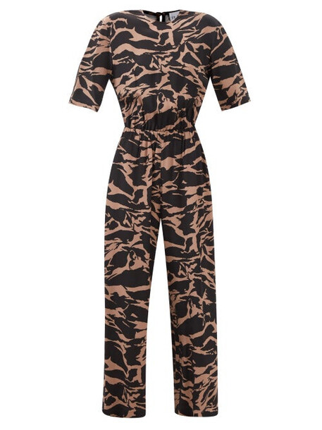 Raey - Camo-tiger Print Silk Wide-leg Jumpsuit - Womens - Brown Multi