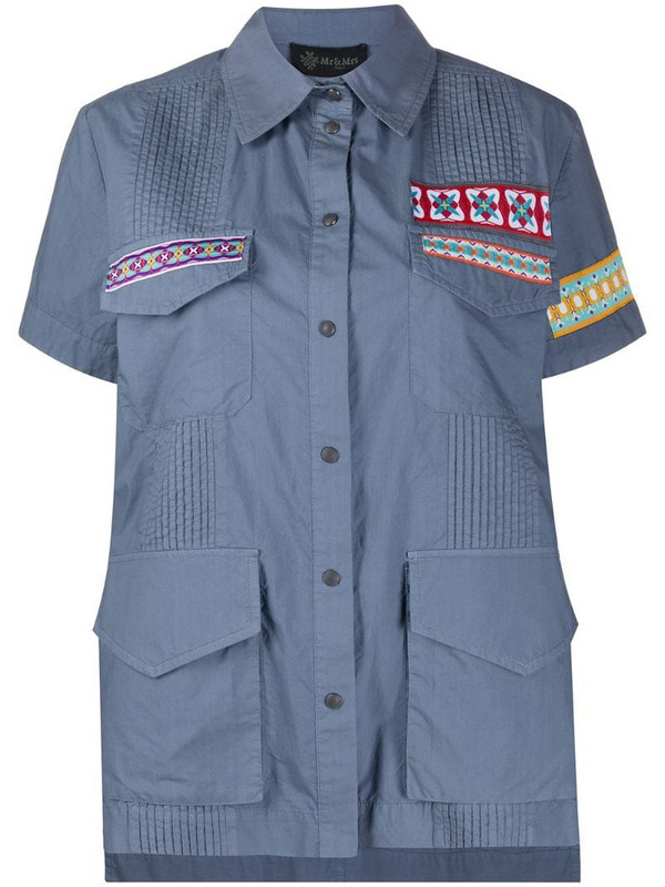 Mr & Mrs Italy embroidered patch pleated cotton shirt in blue
