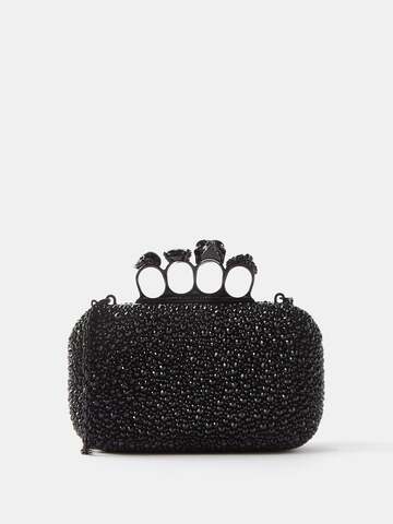 alexander mcqueen - four ring crystal-embellished leather clutch - womens - black silver