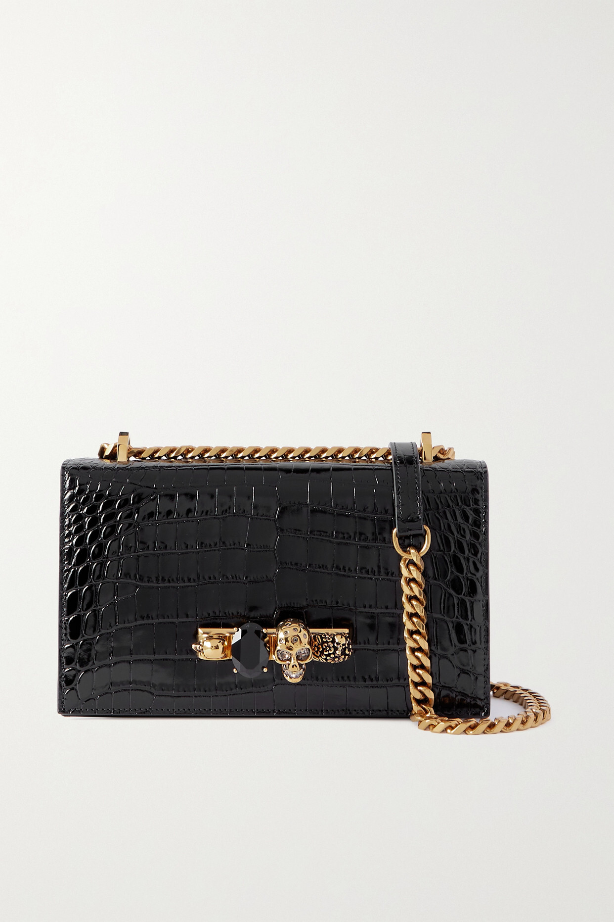 Alexander McQueen - Jewelled Satchel Embellished Croc-effect Leather Shoulder Bag - Black