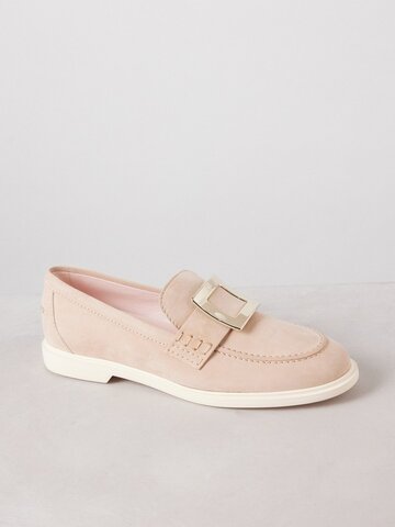 roger vivier - summer square-buckle suede loafers - womens - beige