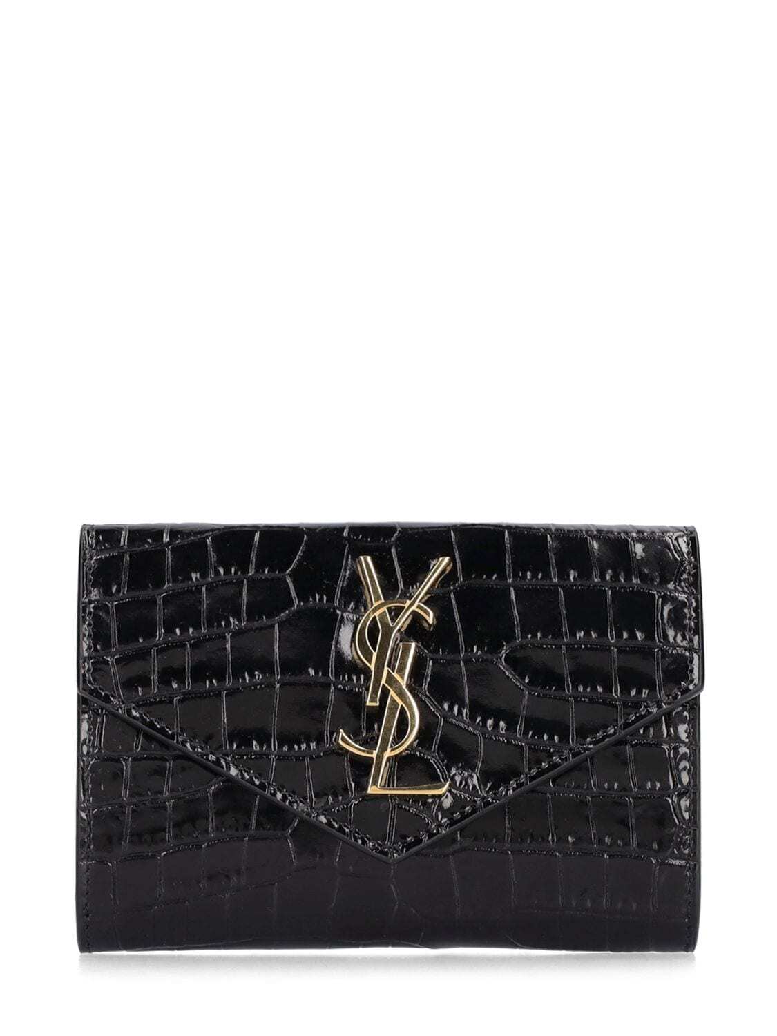 SAINT LAURENT Small Croc Embossed Envelope Wallet in black