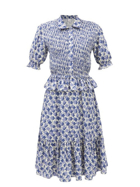 Loretta Caponi - Enya Geometric-print Smocked Dress - Womens - Blue Print