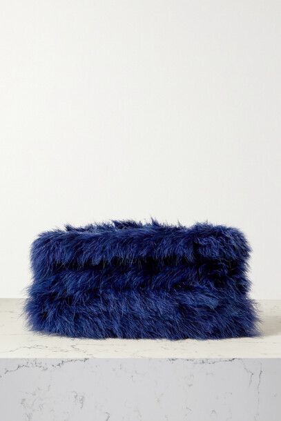 Dries Van Noten - Velvet-trimmed Feather-embellished Satin Clutch - Blue