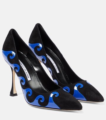 manolo blahnik kasai suede and patent leather pumps in black