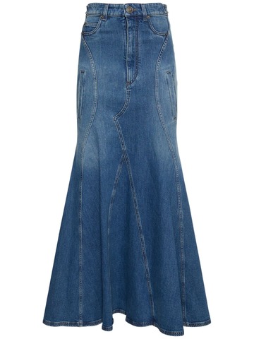 BURBERRY Cotton Denim High Rise Maxi Skirt in blue