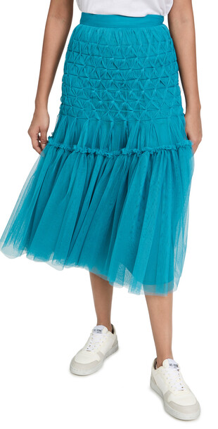 ROKH Smocked Tulle Skirt in blue