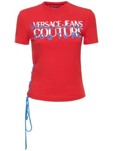 versace jeans couture printed stretch cotton t-shirt in red / multi