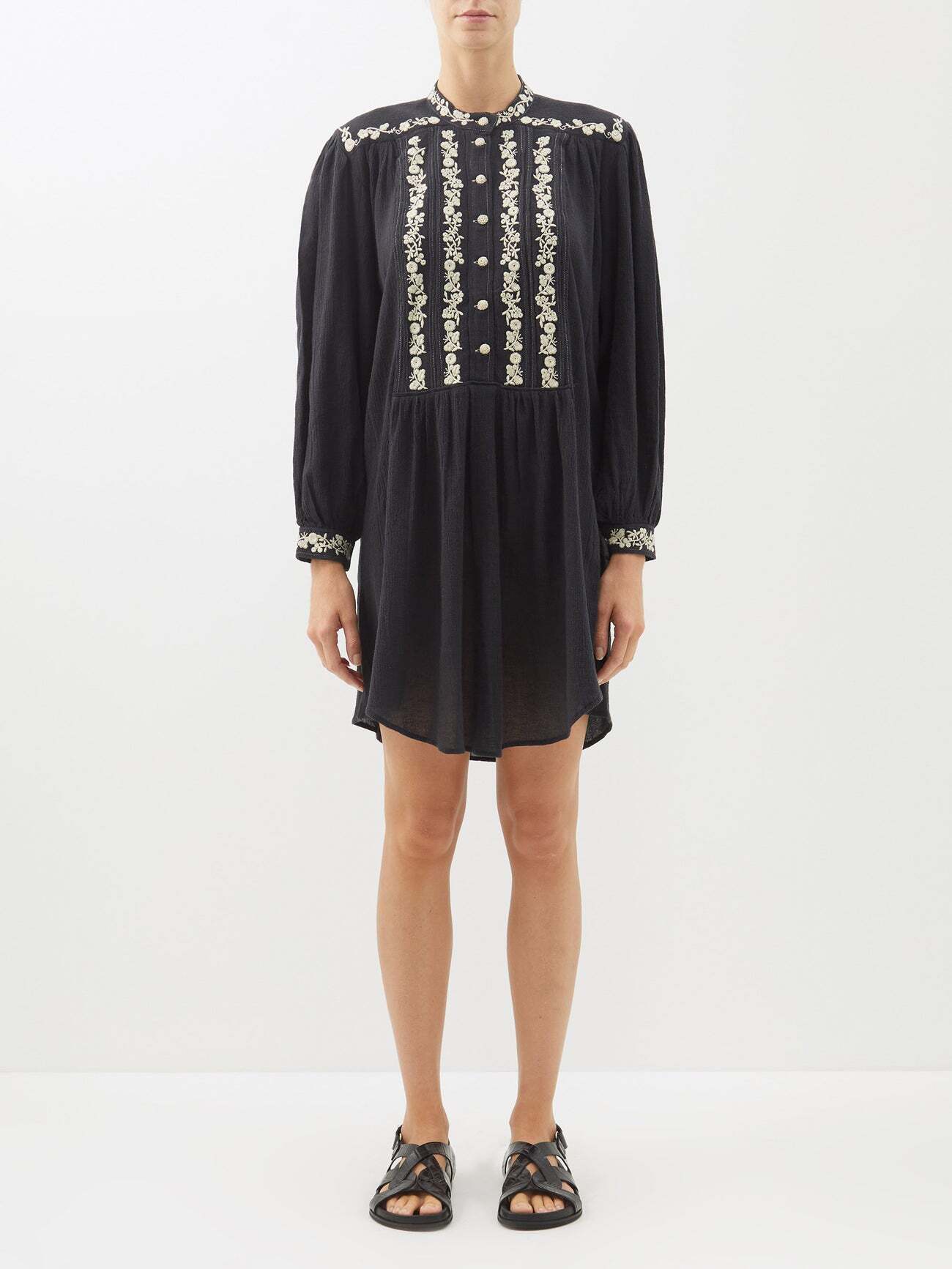 Isabel Marant Étoile - Gena Embroidered Crinkled-cotton Mini Dress - Womens - Black