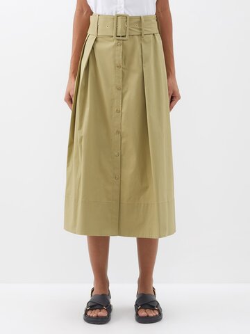 staud - kingsley belted cotton-blend poplin midi skirt - womens - khaki