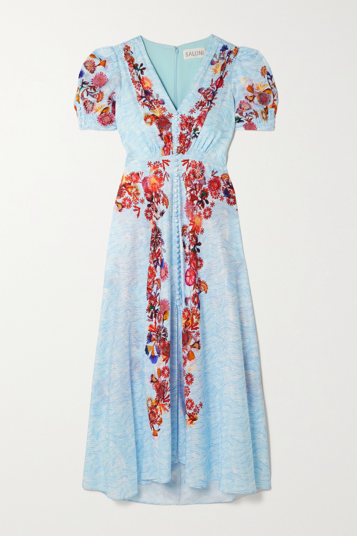 Saloni - Lea Printed Silk-jacquard Maxi Dress - Blue