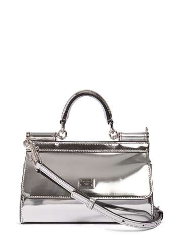 dolce & gabbana small sicily laminated top handle bag in silver