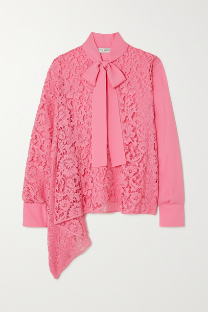 Valentino - Pussy-bow Corded Lace And Silk Crepe De Chine Blouse - Pink