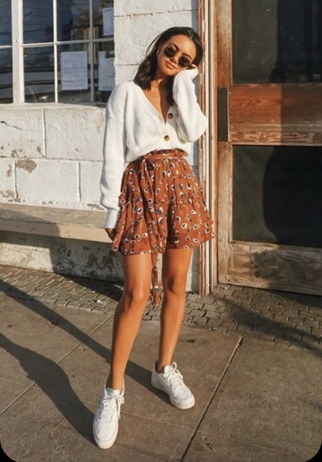 shirt,whole outfit,floral skirt,white cardigan,everything