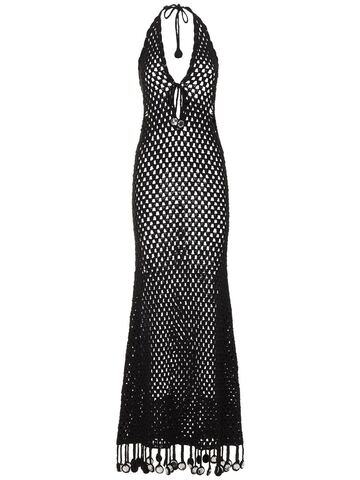 MOSCHINO Crochet Fringe Cotton Blend Long Dress in black