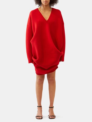 loewe - oversized v-neck knit sweater dress - womens - red