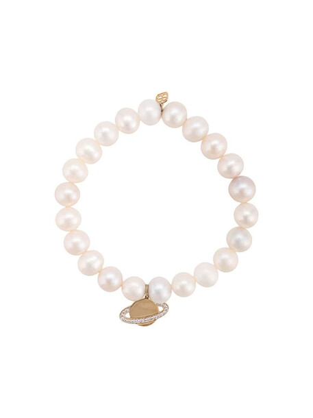 Sydney Evan 14kt yellow gold and diamond pearl Saturn beaded bracelet in white