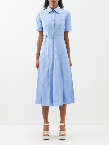 gucci - gg-print belted cotton-poplin shirt dress - womens - light blue