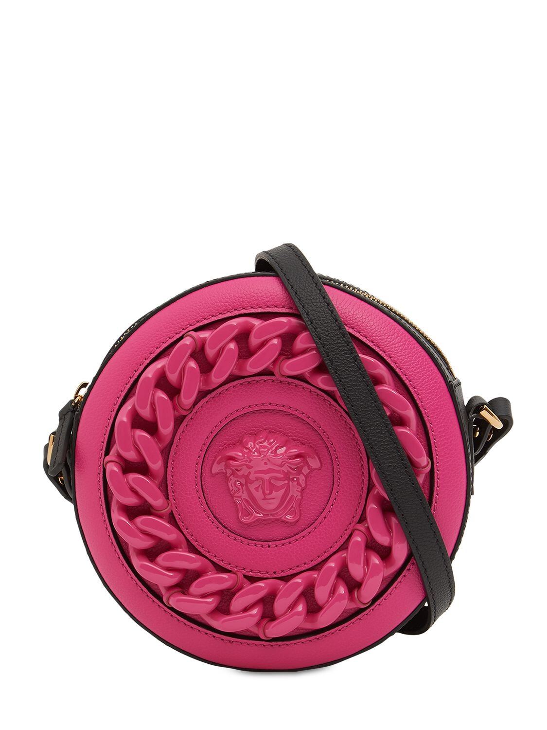 VERSACE Medusa Leather & Chain Shoulder Bag in fuchsia