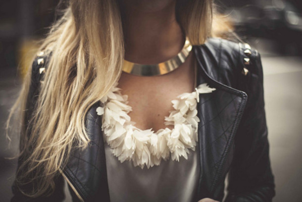 jacket perfecto black blouse jewels gold necklace jewerly leather jacket accessories shirt white feathers elegant