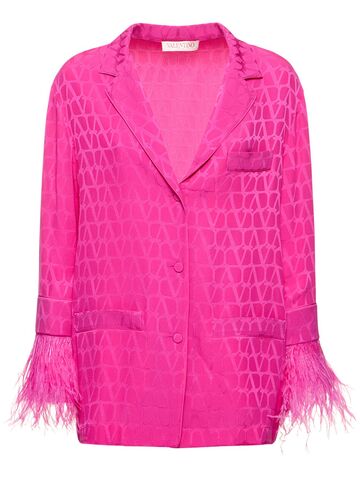 valentino logo jacquard silk shirt w/feathers in pink